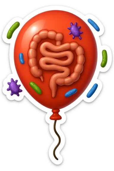 emoji stile iphone di un palloncino con intestino dentro e batteri intestinali intorno sticker