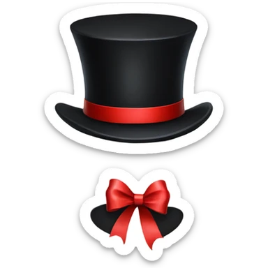 A black top hat displaying a red ribbon around the base. The ribbon forms a visible bow at the front, with the ends falling slightly over  sticker