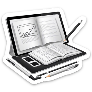 Illustration icon, pencil, paintbrush, gel pen, graphic tablet or monitor with digital illustration, open book with sketches, minimalistic style, clean lines, transparent background. sticker