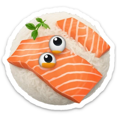 Rice with salmon on top with a smiling face with two eyes sticker