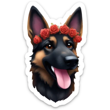 Bokeh Midnight starry night stars dark Brindled striped brindle black German shepherd fox carrying glowing red lantern, fairy lights, rose flower crown, bokeh lights, out of focus blur sticker