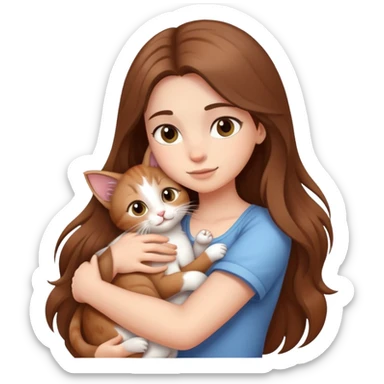 A girl with long  hair tightly hugged a kitten sticker