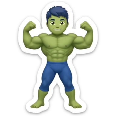 Kid Hulk flexing arms, full body, long blue pants, and smiling sticker