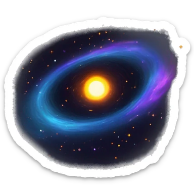 A black hole with a glowing, swirling accretion disk in orange, yellow, and white, with hints of red and blue. Distorted stars and vivid blue-violet jets contrast with the dark center. sticker