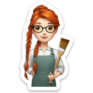 Redhead Artist painter girl with big round glasses, a thick braid a brush sticker