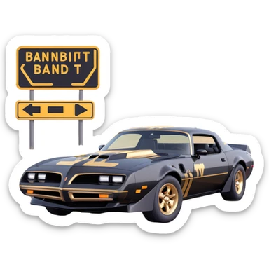 black Bandit-style Trans Am car with gold accents driving past classic American road signs sticker