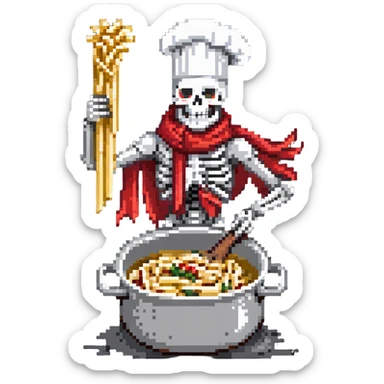 Papyrus from Undertale cooking spaghetti, tall skeleton with red scarf and white armor, enthusiastically stirring pasta in a pot, chef hat sticker