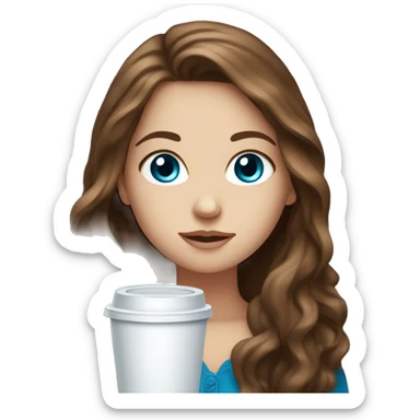 white girl with brown long hair and blue eyes and a coffee sticker