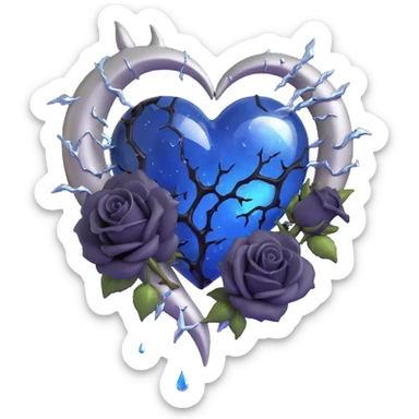 gothic heart with large crack splitting it 3D emoji, midnight blue glass, silver crescent moon, black roses, stardust, lightning, rain, broken glass, minimal dark style sticker