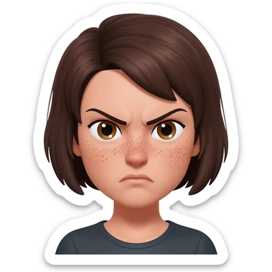 a woman with short hair like a boy's. She has freckles on her face. She has brown eyes. She's angry. sticker