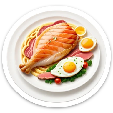 Floating plate with protein foods: large golden chicken breast in the center, smaller salmon fillet, red meat steak, and an egg, all orbiting a DNA double helix, with energy rays connecting to a muscular figure silhouette sticker