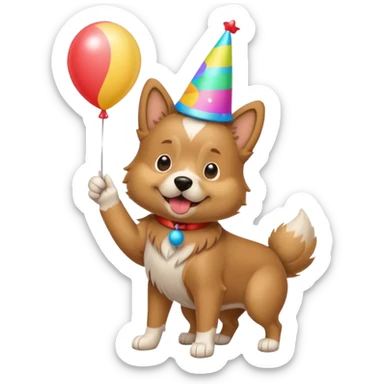 A dog wearing a party hat, wagging its tail while holding a tiny balloon.

















 sticker