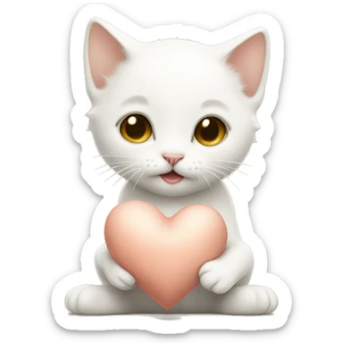 White kitten holding a beige heart  sticker