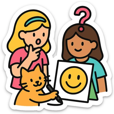 two girls guessing as a kitty draws an emoji, vibrant color icon sticker