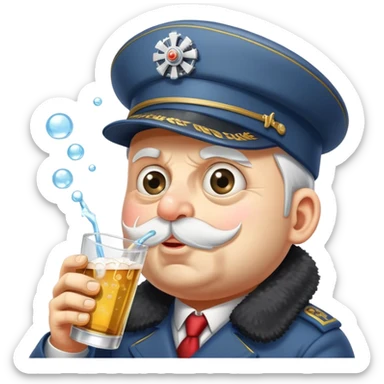 A very drunk locomotive train wearing a tilted ushanka hat, with crossed eyes, hiccuping vodka bubbles, spilling drink sticker