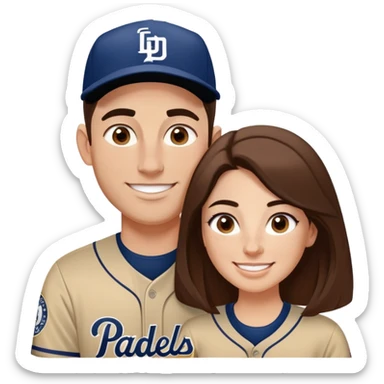 *White* couple smiling. Woman has big cheeks and a lot of freckles on the nose. long brown hair. Man has black and very short hair and prominent eyebrows with egipcian nose. Both are wearing “Los Padres” baseball jerseys and with a sign that says “Go Padres!” sticker