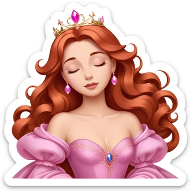 Cinematic Majestic Sleeping Beauty Portrait Emoji, rendered in a clean, vector-style with bold, simplified shapes. Show Aurora with a serene, noble expression, luminous porcelain skin, and elegantly flowing auburn hair, dressed in an opulent pink ball gown. The design radiates a majestic, enchanted glow with high shine and a soft glowing outline, embodying classic royal elegance. sticker