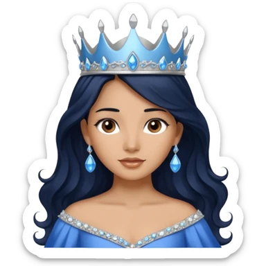 Por favor hazme el emoji de la princesa pero con piel canela con el pelo negro y ondulado y largo, los ojos marrones y la corona plateada con jollas azules sticker