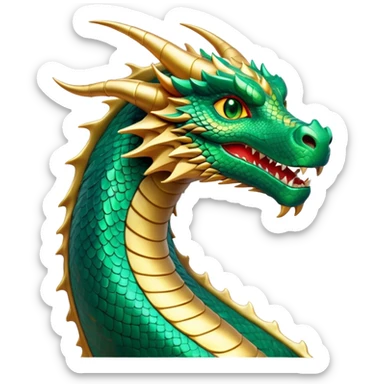 cinematic-noble-dragon-portrait-emoji,-poised-and-majestic,-with-a-sinuous,-elongated-build-and-shimmering,-scale-covered-skin-in-hues-of-emerald-and-gold,-piercing,-fiery-eyes,-simplified-yet-sharp-and-sophisticated-features,-highly-detailed sticker