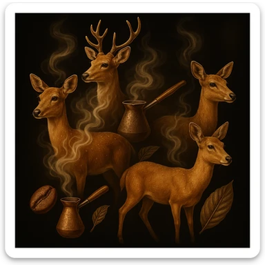 Four golden-brown deer, highly realistic, with fine water droplets on their fur. Each deer emits a light coffee aroma, visually represented by soft, swirling steam like freshly brewed coffee. Subtle coffee heritage elements such as Ethiopian coffee bean, Turkish cezve, and coffee tree leaf are tastefully integrated. Black background with a soft golden glow in the corners or around the deer, transparent edges, logo-level resolution. sticker