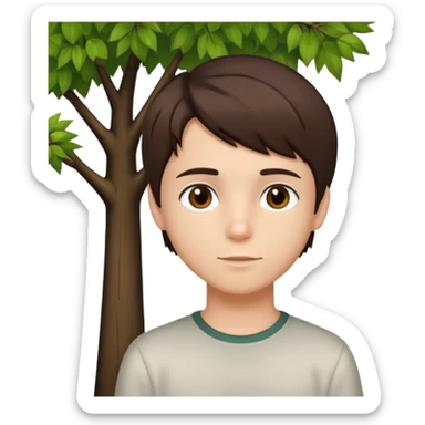 boy with straight short brunette hair brown eyes and tree behind sticker