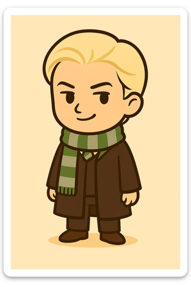 Full body illustration of Draco Malfoy in a cute, cartoon, and simplified style similar to the provided examples. He has light blonde hair, a slightly arrogant expression, wearing a Hogwarts Slytherin robe and a green and silver scarf. The illustration features bold black lines and soft colors. sticker