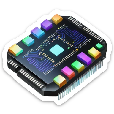 black micro chip with glowing RGB led light, isometric sticker
