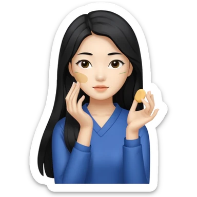 Korean woman with long hair applying foundation to upper body, clear skin sticker