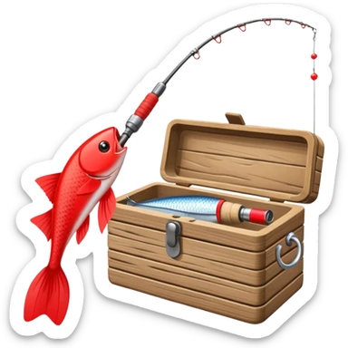 A fishing rod with reel and line neatly coiled beside a bait box.

 sticker