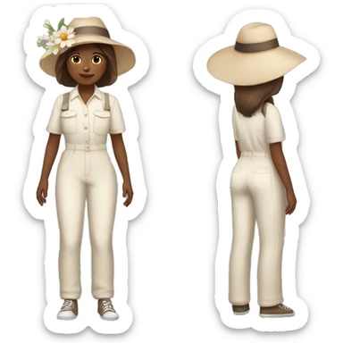 WHITE SKIN! Girl with a flower in her hand, with a hat, shoulder-length brown straight hair, wearing a pastel jumpsuit with white shirt in it sticker