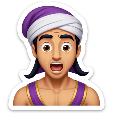 Cinematic Realistic Aladdin Portrait, head tilted slightly with a dramatic, wide-open yawn, revealing a relaxed, yet still vigilant expression. The lifelike textures of his skin and carefully rendered fabric of his attire combine with warm, ambient lighting to capture a moment of endearing, laid-back heroism. sticker