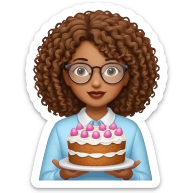 Brown Curly haired girl wearing glasses with a cake sticker