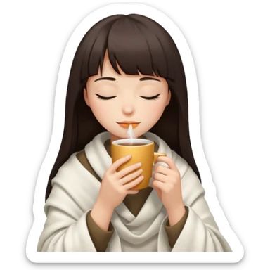 Dark brown hair with straight bang girl inside a white blanket sipping coffee eyes closed sticker