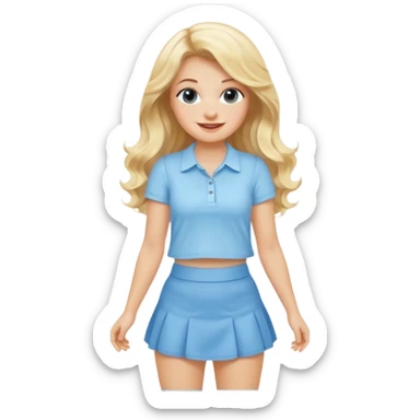 cheerful blonde woman with long wavy hair wearing baby blue mini skirt and shirt sticker