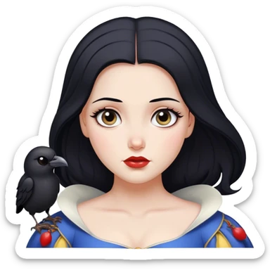 Cinematic Serene Snow White Portrait Emoji, rendered in a simplified vector style. Depict a gentle Snow White (chest and above) with flawless porcelain skin and flowing raven hair, her kind eyes and calm expression exuding a quiet, enchanting charm. The image glows softly with an inviting, pure light and is outlined with a subtle glow. sticker