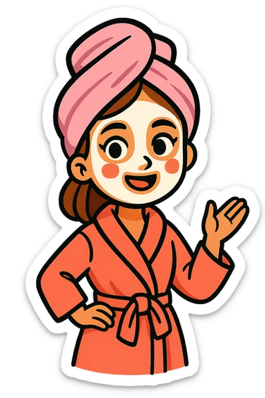a girl with brown hair, wearing a bathrobe and a pastel pink towel turban, with a white facial mask, vibrant cartoon style sticker