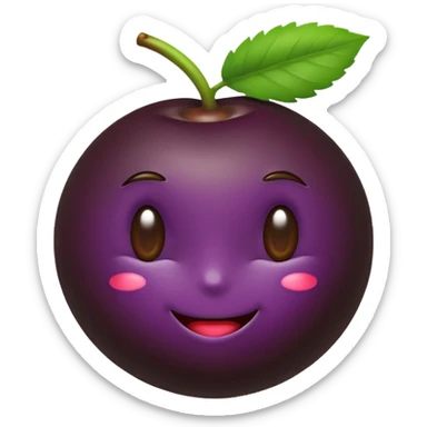 modern emoji icon of açaí berry, deep purple glossy berry, lower half smoothly coated in dark chocolate, small green leaf on top, cute playful clean style sticker
