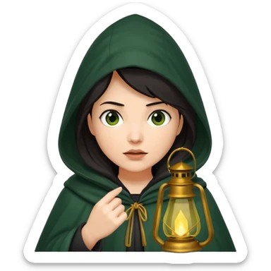 traitor tv show, dark haired woman wearing dark green cloak with hood up who looks very evil, is holding up a lantern, and is tilting her head down sticker