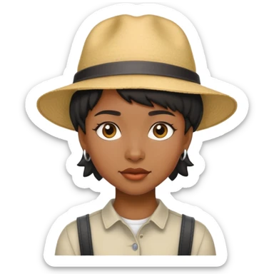Black girl with short hair mullet and a hat sticker