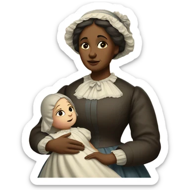 A 19th century woman with a child in her arms. There is a big letter "A" on the dress sticker