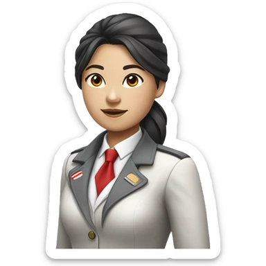 Flight attendant girl, Asian, black gathered hair. A white shirt and a light grey jacket. A grey scarf with white and red stripes is around his neck. sticker