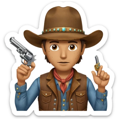 A cowboy pointing his revolver in your face  and saying, "Give me your money." sticker
