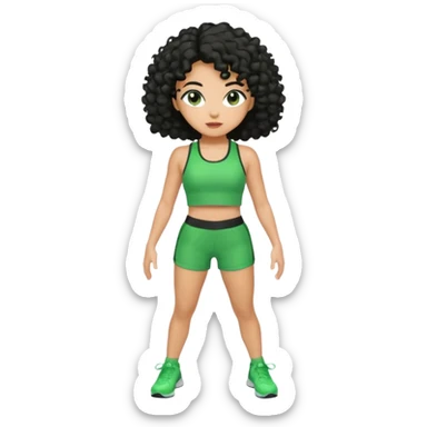 woman with olive skin and curly black hair wearing a green workout outfit (shorts) and standing in a disco pose sticker