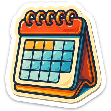 retro sticker-style illustration of a desk calendar with a spiral top, bold outlines, juicy colors, expressive shadows and highlights, playful and glossy look sticker