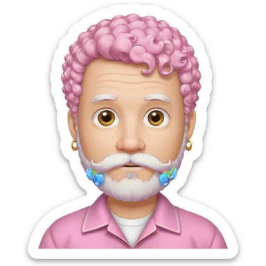 very white bearded and white mustached, pink short curly haired, wearing ear accessories sticker