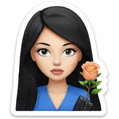 Glamours, tanned, very beautiful girl, with big pump peach-beige-rose lips, eyeliner, long lashes, black straight smooth silky long hair, straight parting hair, blue-grey eyes in black clothes for working profile sticker