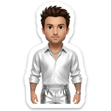 AJ McLean from Backstreet Boys with brown eyes, dark brown hair, white metallic shirt, white metallic baggy pants, silver necklace sticker