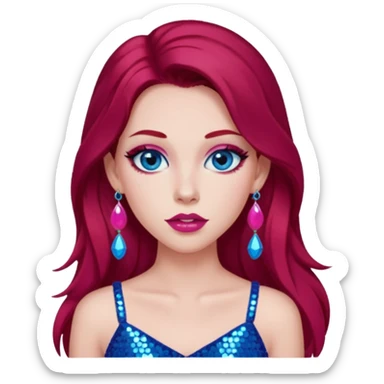 Chappell Roan (b.1998) with long dark red hair, pink sequin crop top, pink earring, blue eye, makeup sticker