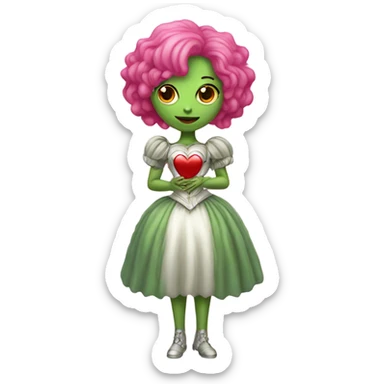 a green amazon alien woman in Victorian white gold, pink hair,holdig, red big hearth, full body sticker