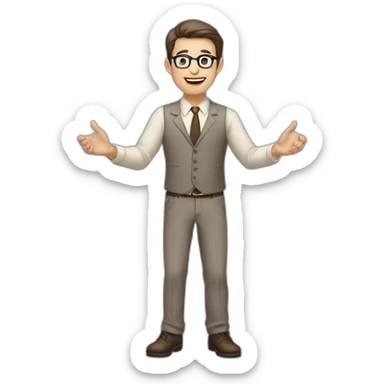 To belt Actively gesturing with hands 👌 Pale skinned fit man with dark brown hair in gray jacket, beige office shirt, brown tie, brown pants and vintage glasses. sticker